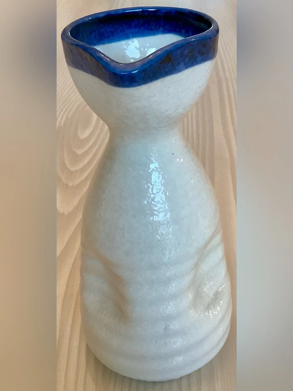 Pier 1 Imports Blue Rim White Ribbed Ceramic Sake Bottle Carafe Tokkuri Vase